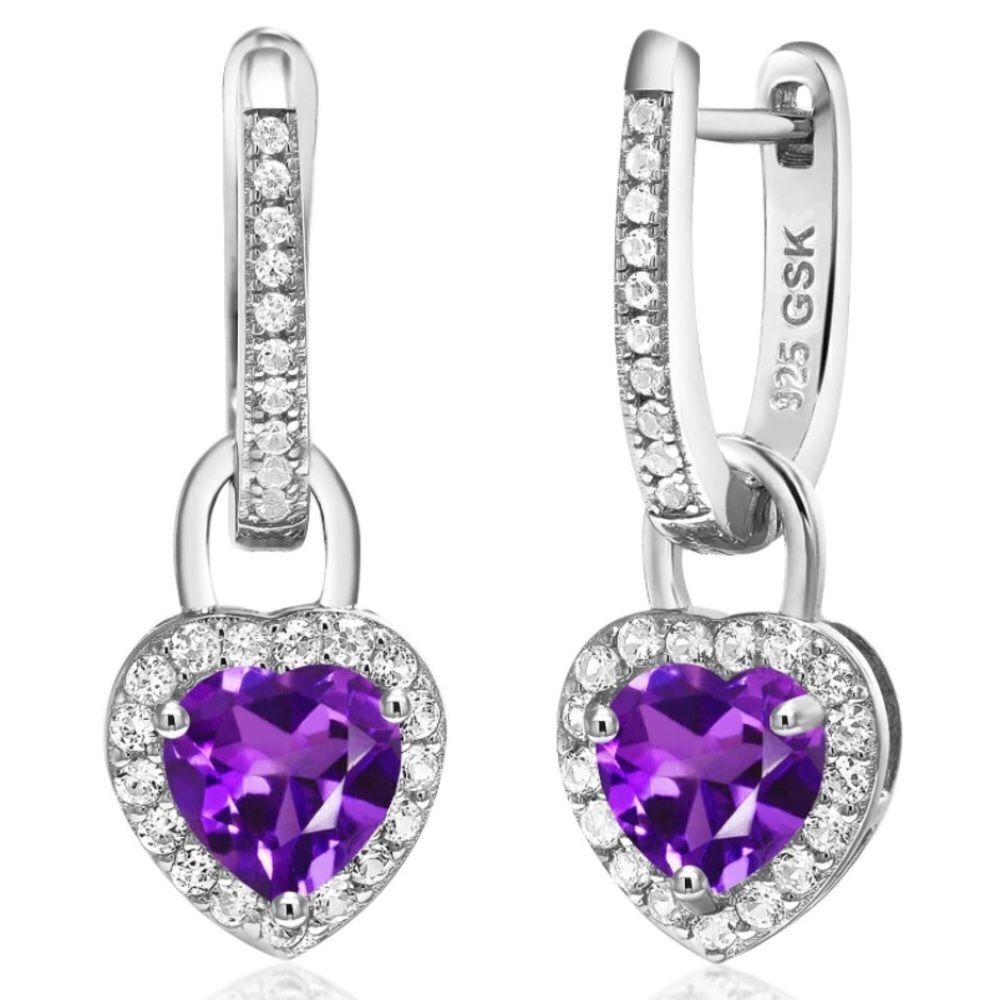 925 Sterling Silver 1.80 Cttw Amethyst and White Sapphire Heart Drop Earrings